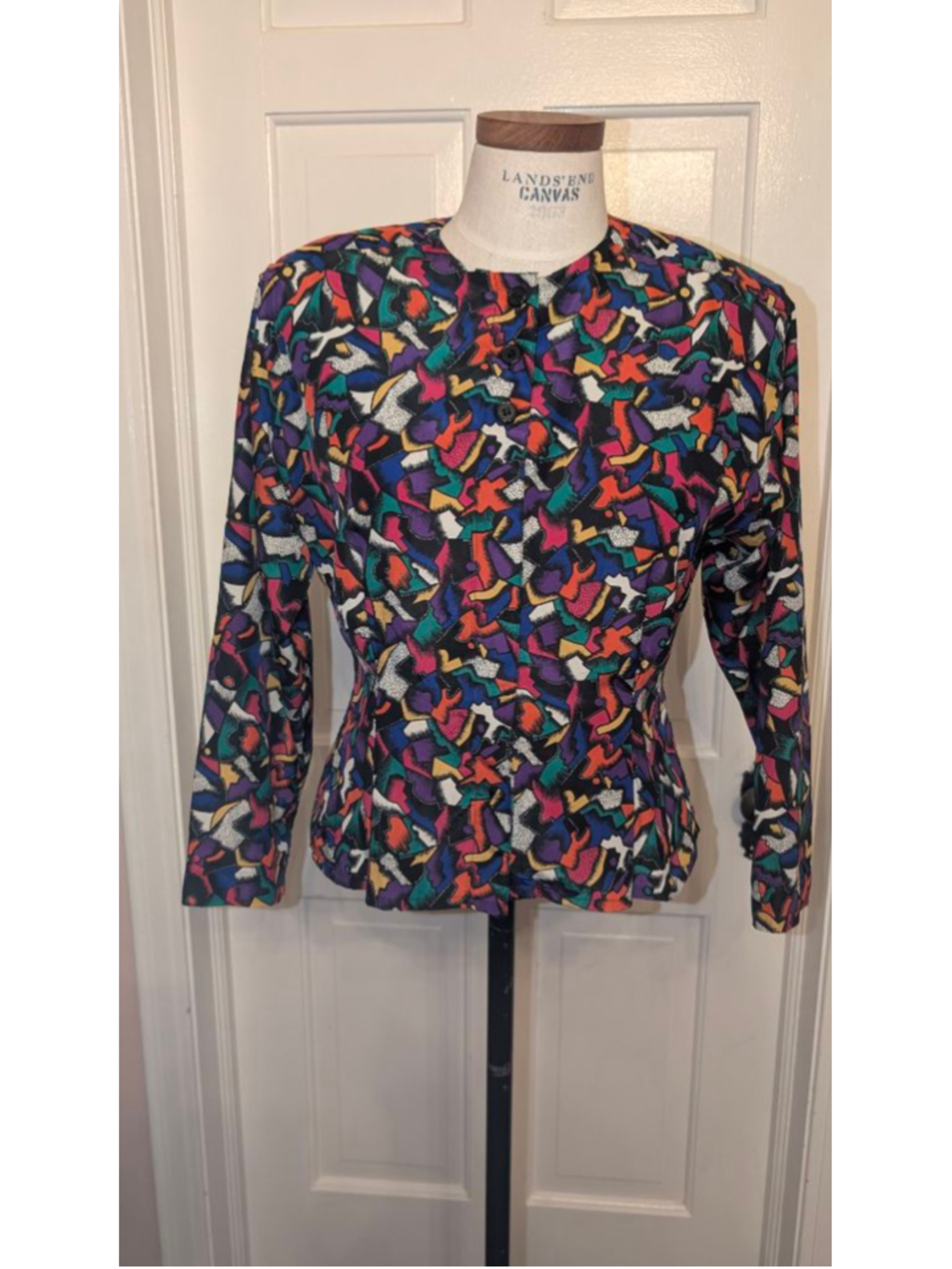 vintage 80's ChAUS PETITES Blouse 4P Black Multi-color Abstract Print